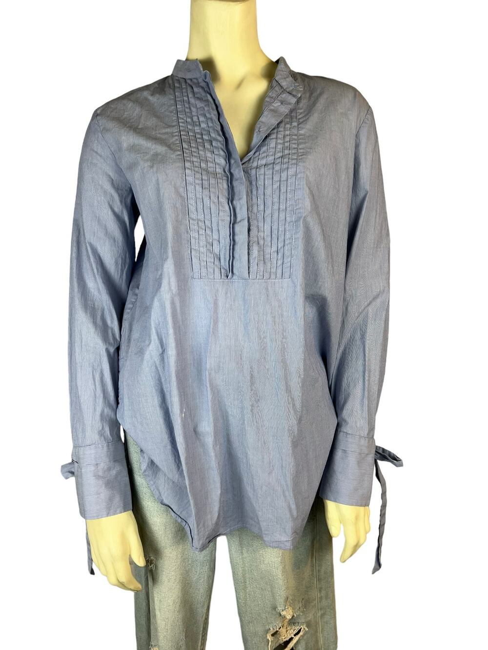 Ann Taylor S small blue and white bib front bow sleeve blouse top shirt